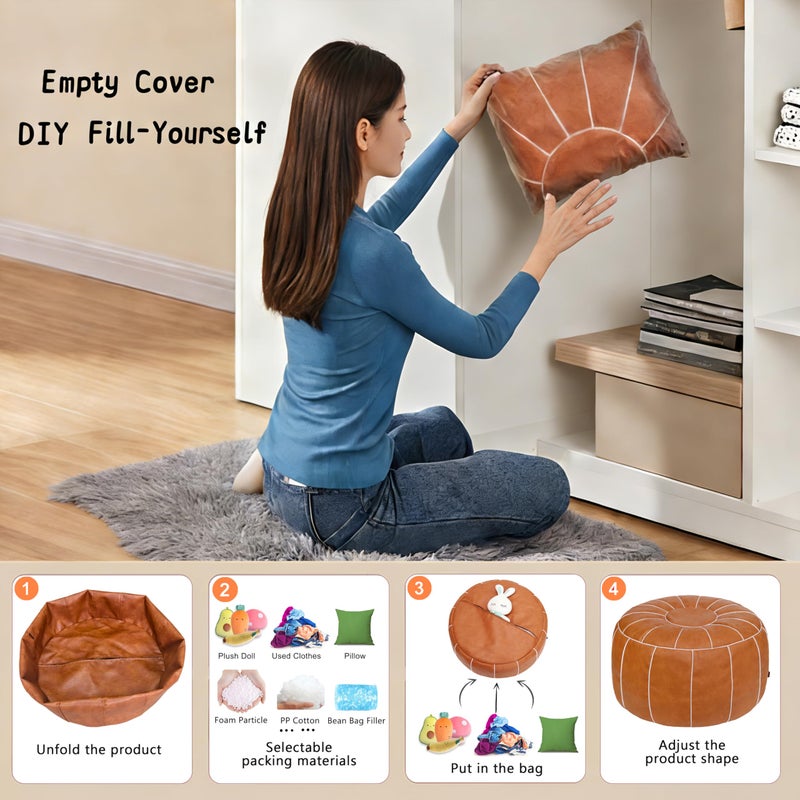 Thgonwid Unstuffed Moroccan Storage Pouf Foot Stool Ottoman Seat Handmade Faux Leather Bean Bag Floor Chair Foot Rest for Living Room, Bedroom or Balcony (Brown) - Image 5